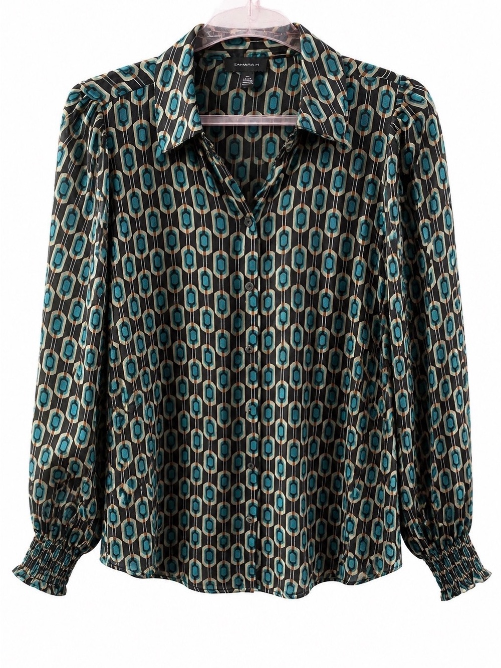 Tamara H. Geometric Print Metallic Threaded Button-Down Blouse